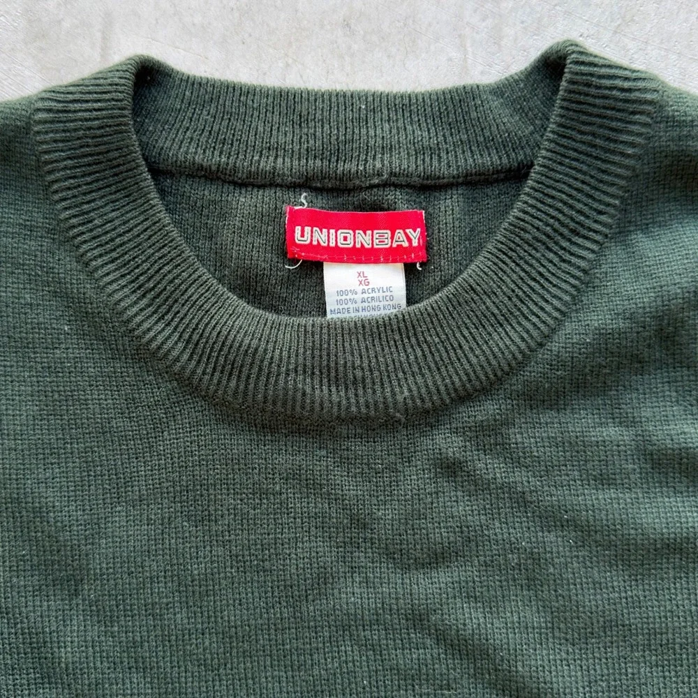 Vintage Unionbay Mens XL Crewneck Sweater Green Tan Cream Striped Acrylic Knit